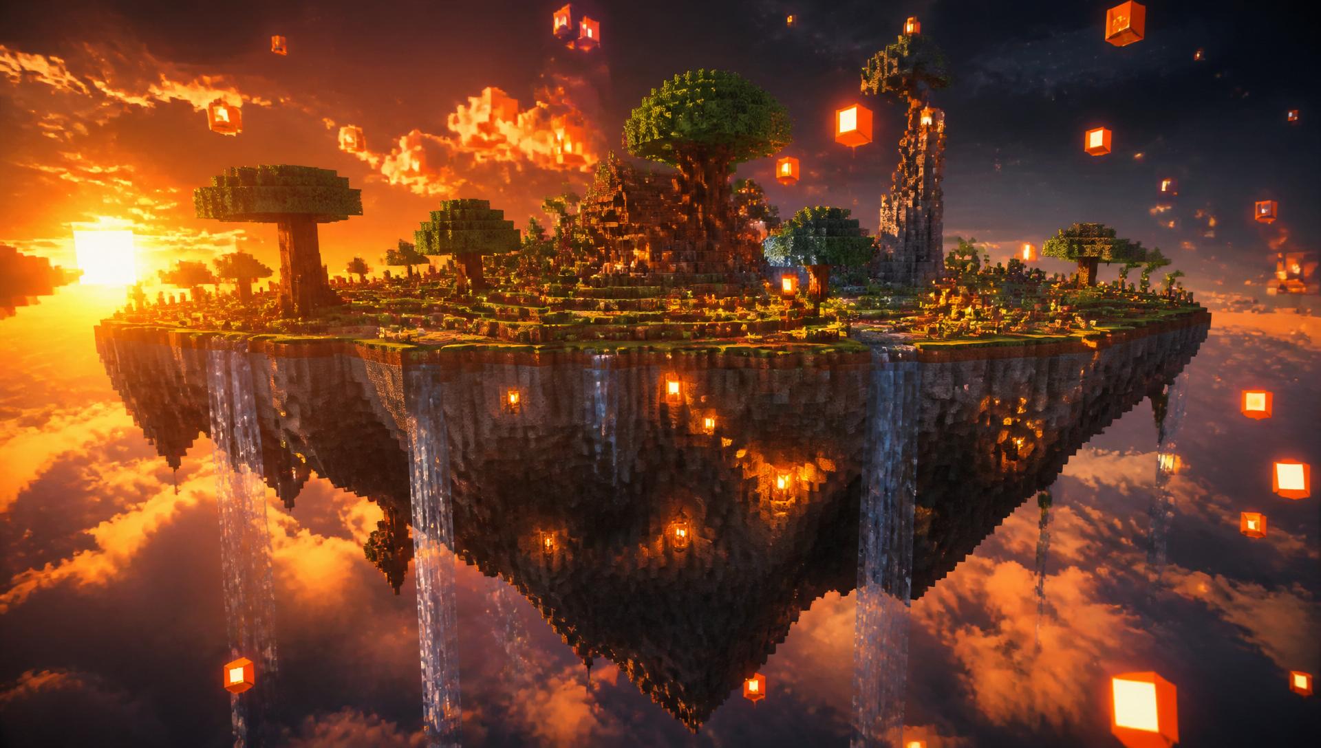 Floating SkyBlock island at sunset